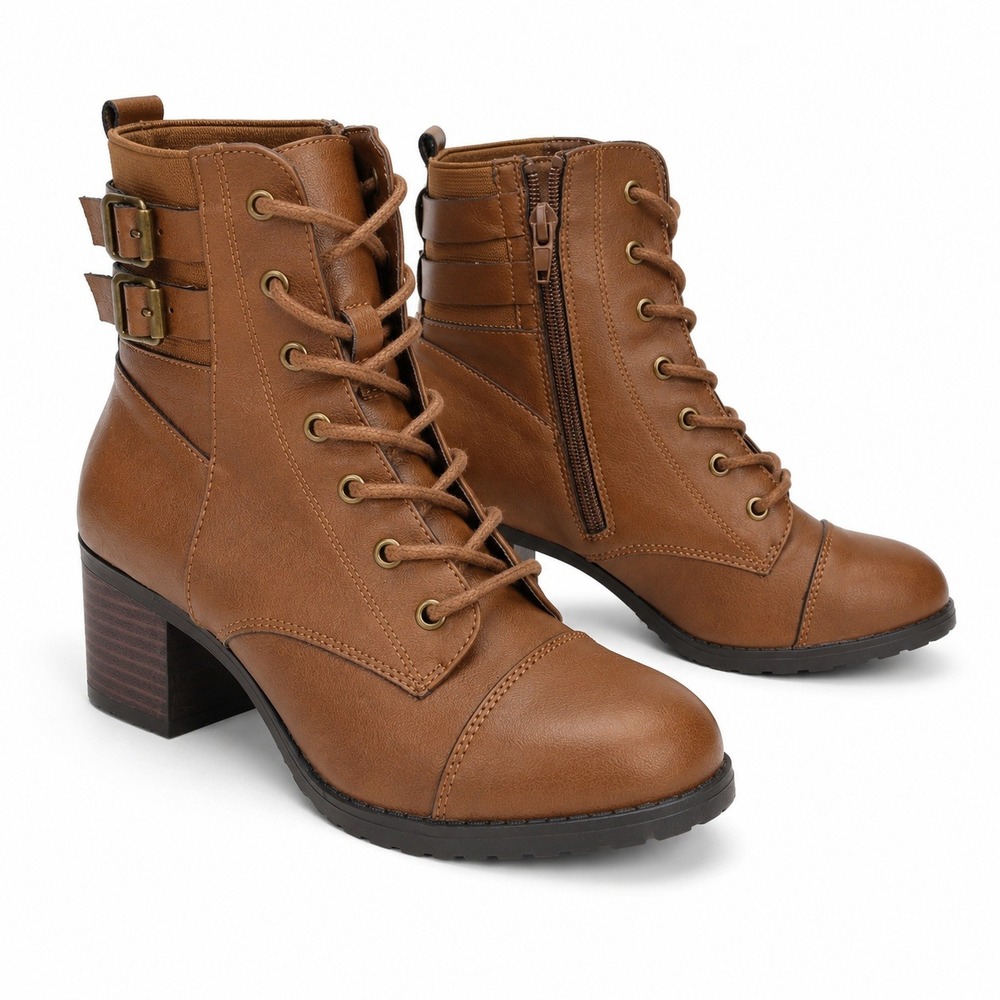 Brash Combat Ankle Boots Womens 6 Brown Excellent Lace Up Side Zip Block Heel